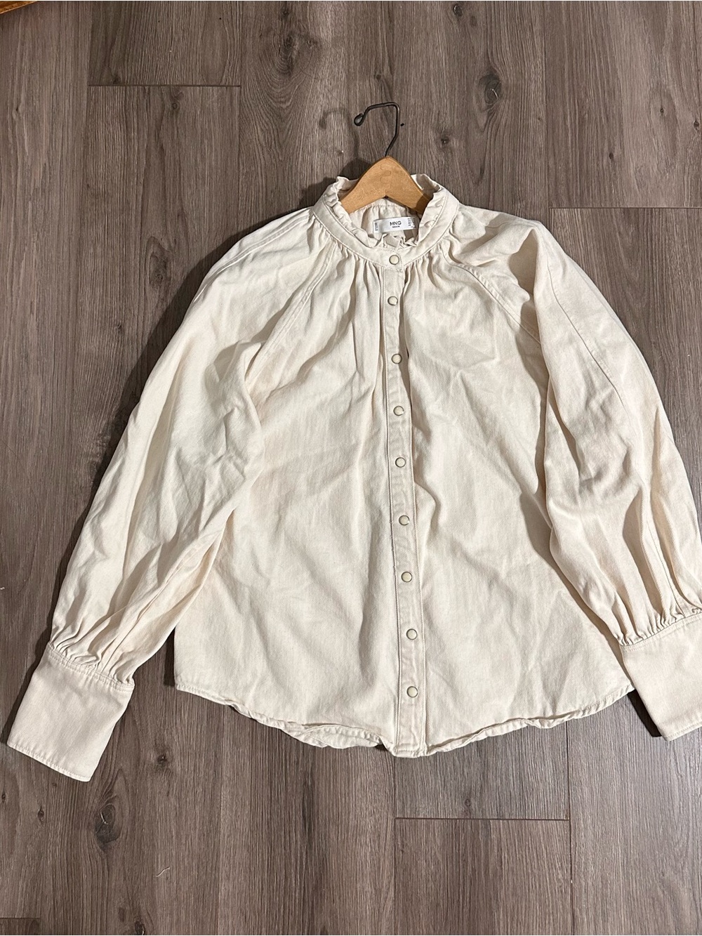 Mango Denim Cotton Shirt Ruffle Collar Button-Down Cream Color